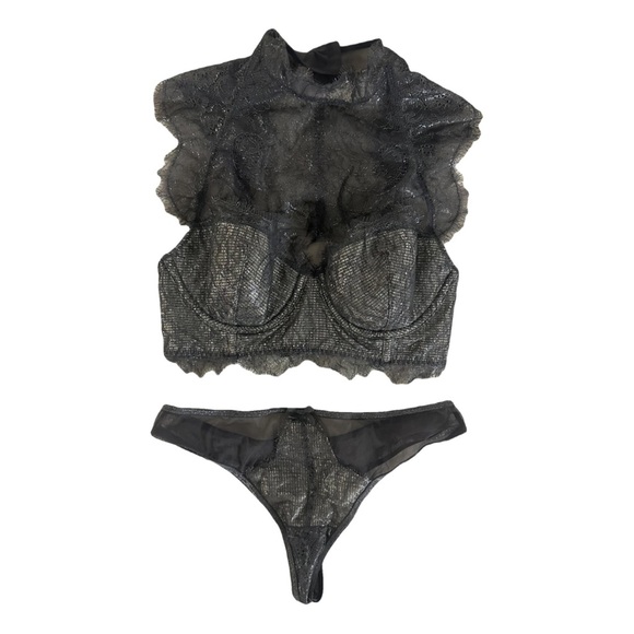 Victoria’s Secret set Thong & Gray Lace High-Neck Bustier Size 32C, new - Picture 1 of 4